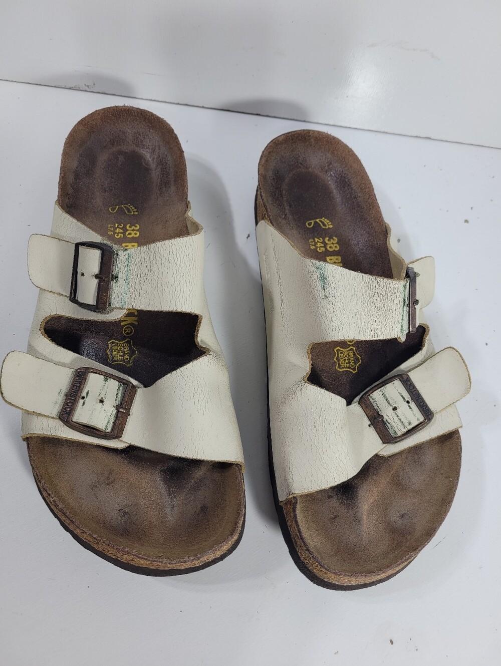Birkenstock Arizona Sandals Womens 38 US 7 7.5 Regular Wide White Leather Cork